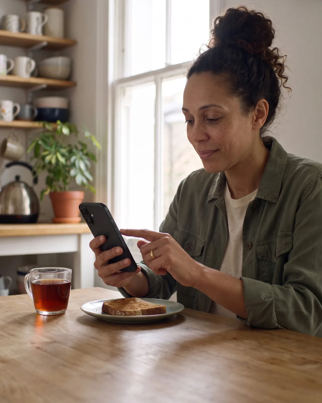 Maya at her kitchen table with a cup of tea and toast, booking on her phone.