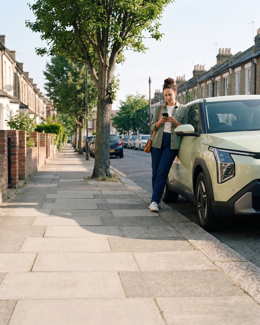 Maya beside her car at the kerb, reading her phone.