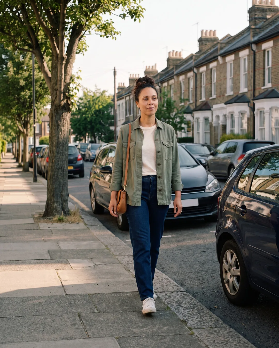 Maya walking home along her terraced street.