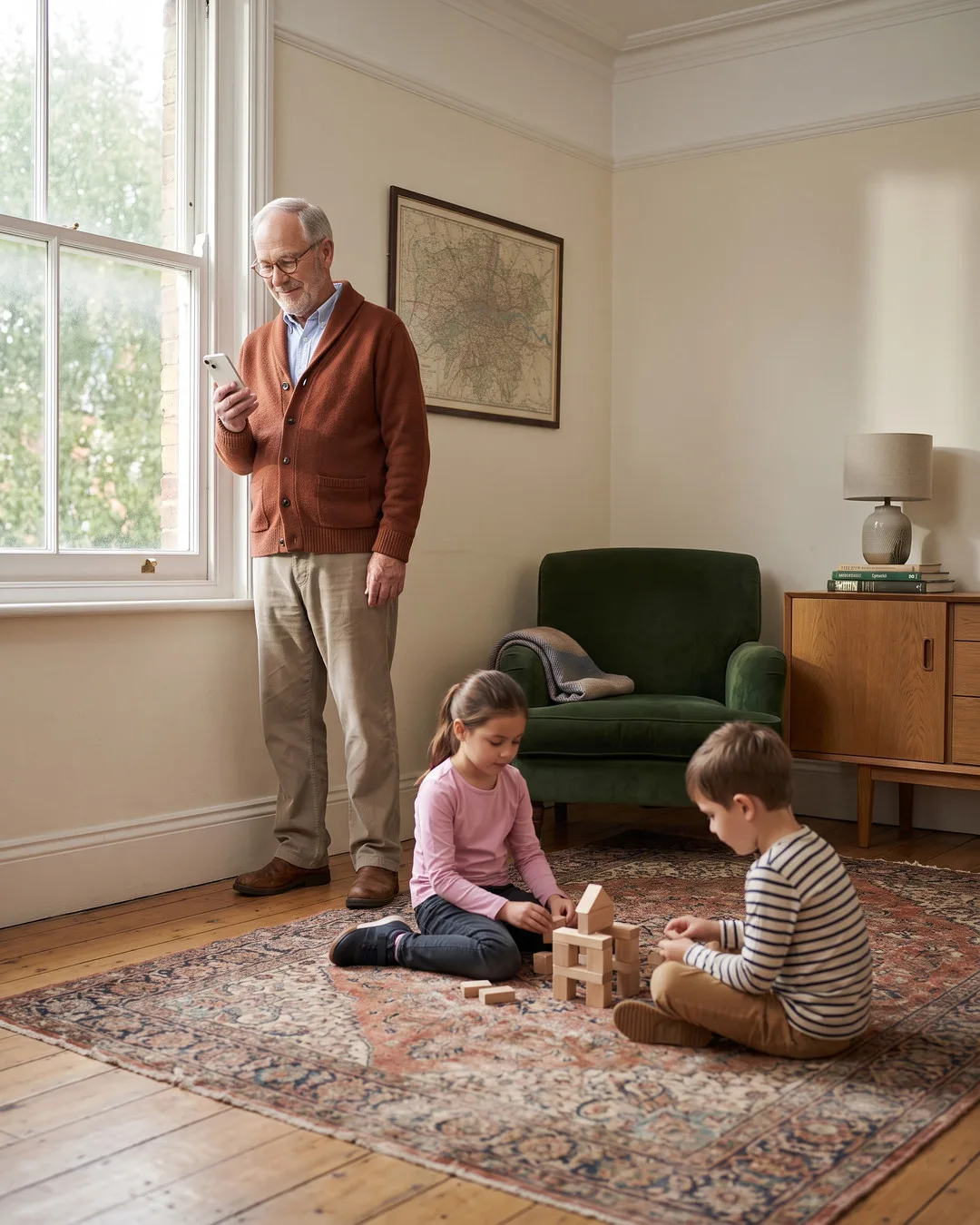 Martin in his living room reading his phone, his grandchildren playing on the rug.