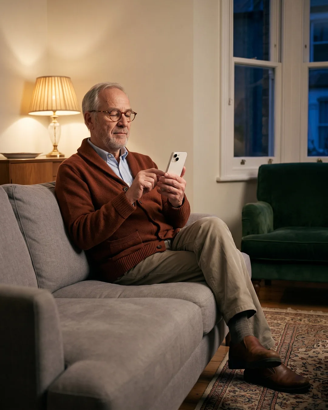 Evening. Martin on his sofa, setting his hours on his phone.