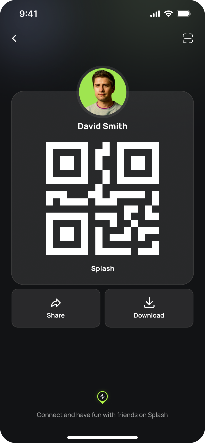 The Splash app referral screen with a QR code to share with friends
