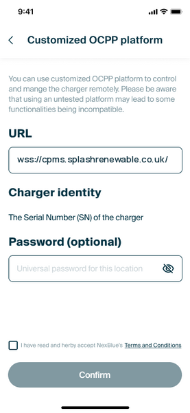 myNexBlue app: the Customized OCPP platform screen with the Splash URL wss://cpms.splashrenewable.co.uk/ entered in the URL field
