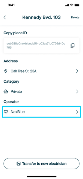 myNexBlue app: the location settings with the Operator row
