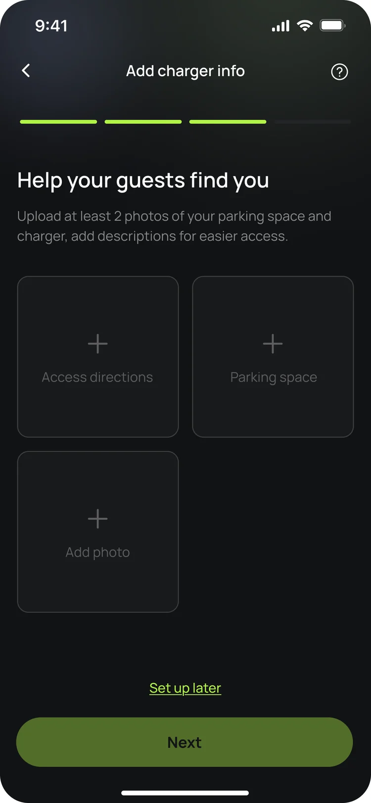 Splash Share, Add charger info: Help your guests find you, with photo slots for Access directions and Parking space