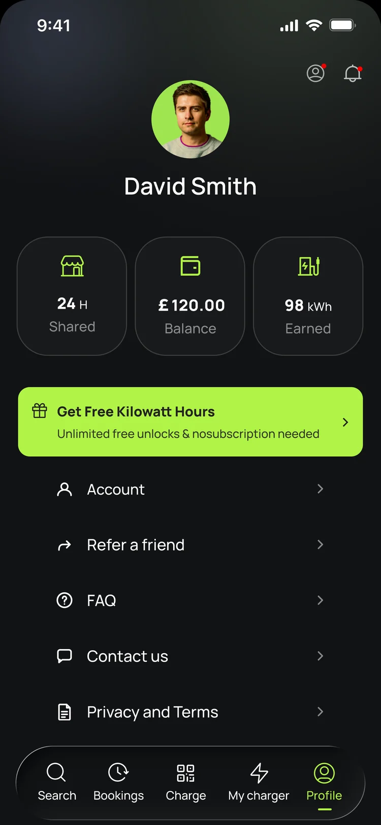 Splash Share, the Profile screen: Account, Refer a friend, FAQ, Contact us, Privacy and Terms