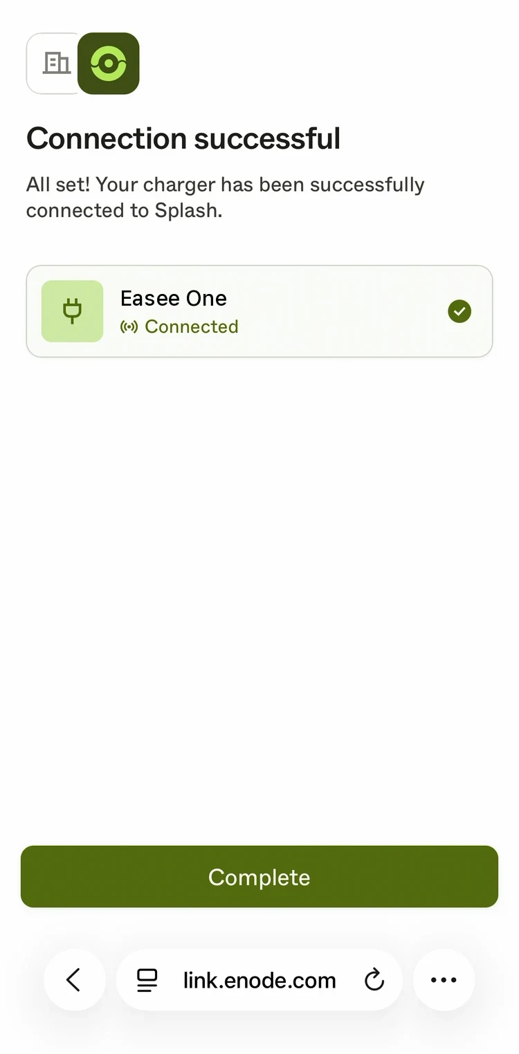 Enode's Connection successful screen: your charger, Connected, with a Complete button