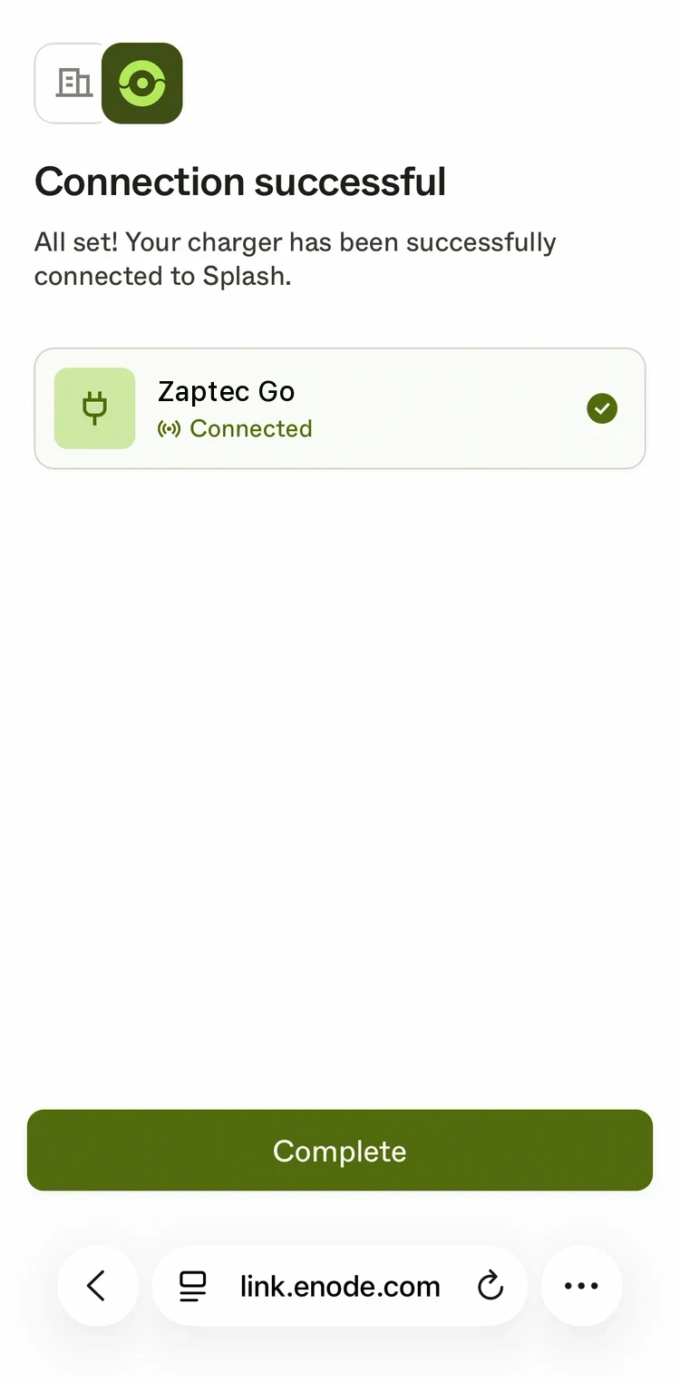 Enode's Connection successful screen: your charger, Connected, with a Complete button