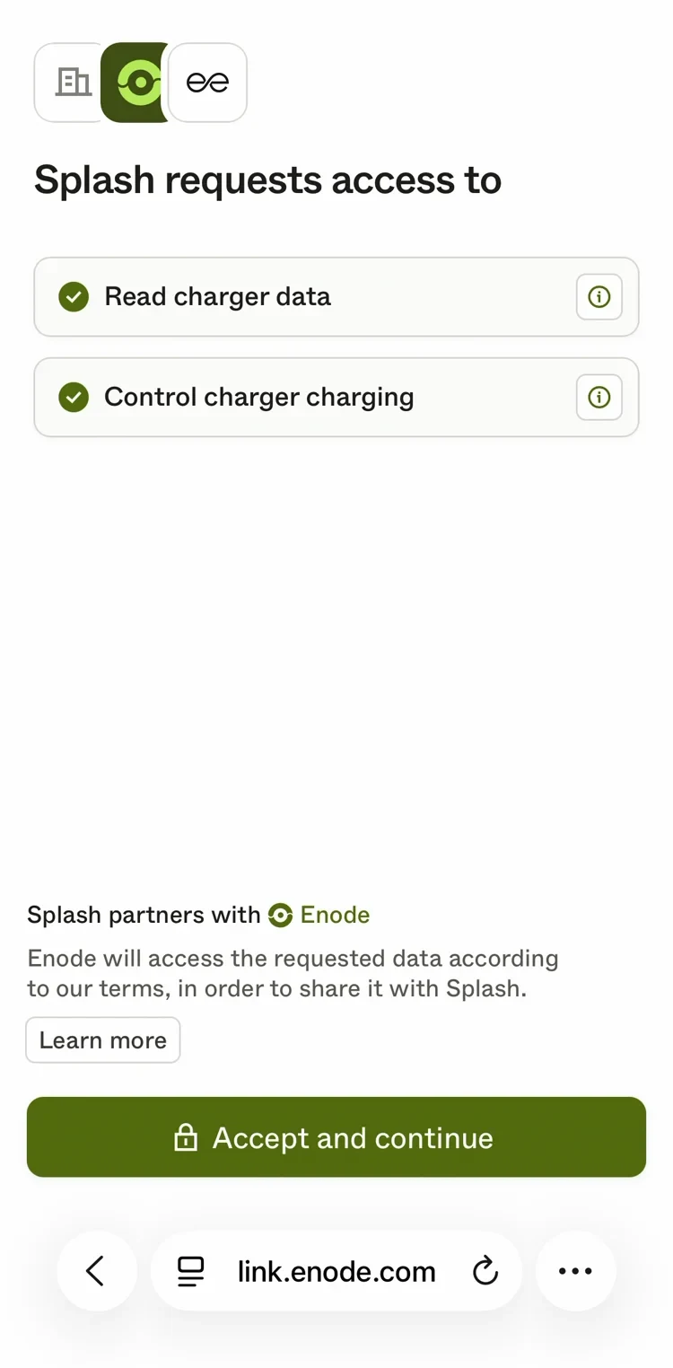 Enode's screen with the Easee logo: Splash requests access to read charger data and control charger charging, with an Accept and continue button