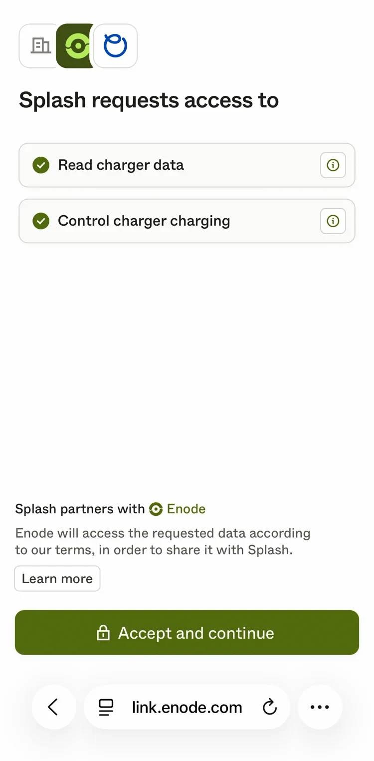 Enode's screen with the Ohme logo: Splash requests access to read charger data and control charger charging, with an Accept and continue button
