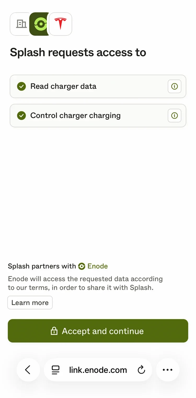 Enode's screen with the Tesla logo: Splash requests access to read charger data and control charger charging, with an Accept and continue button