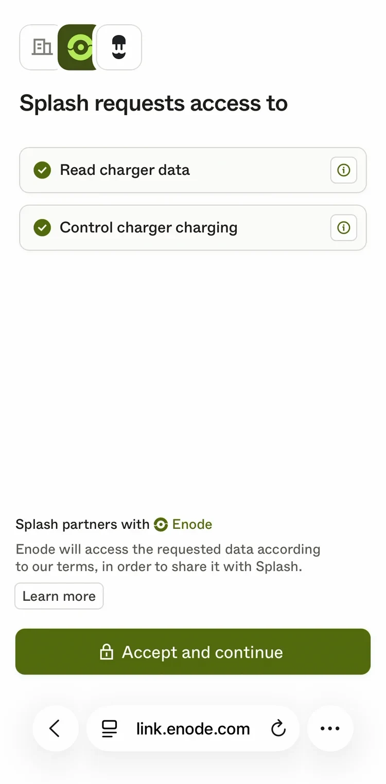 Enode's screen with the Wallbox logo: Splash requests access to read charger data and control charger charging, with an Accept and continue button