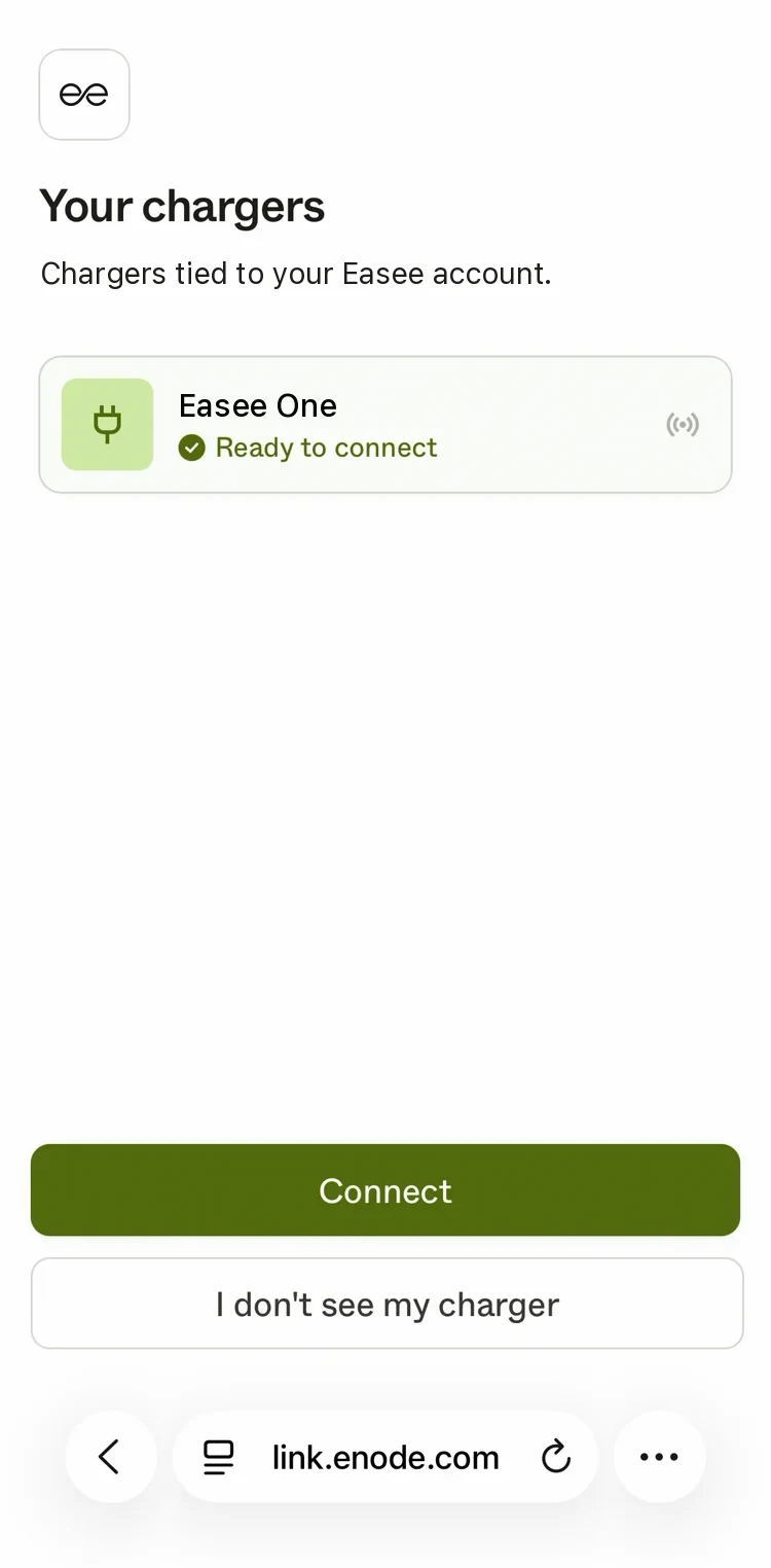 Enode's Your chargers screen: chargers tied to your Easee account, one ready to connect, with Connect and I don't see my charger