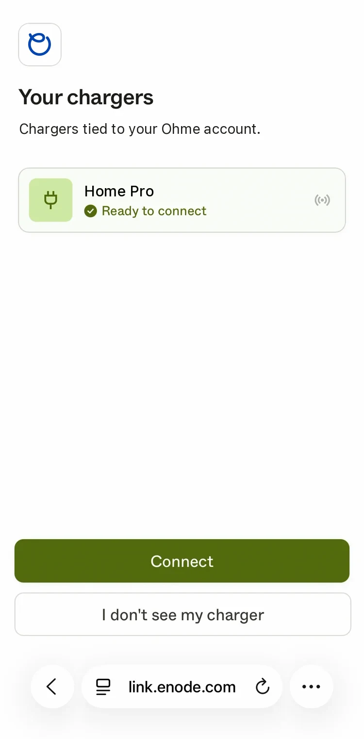 Enode's Your chargers screen: chargers tied to your Ohme account, one ready to connect, with Connect and I don't see my charger