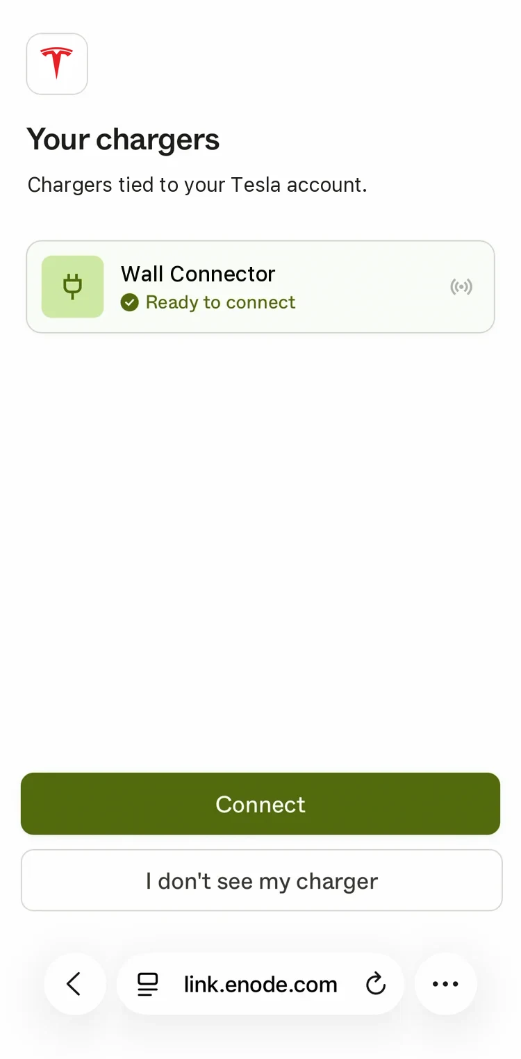 Enode's Your chargers screen: chargers tied to your Tesla account, one ready to connect, with Connect and I don't see my charger