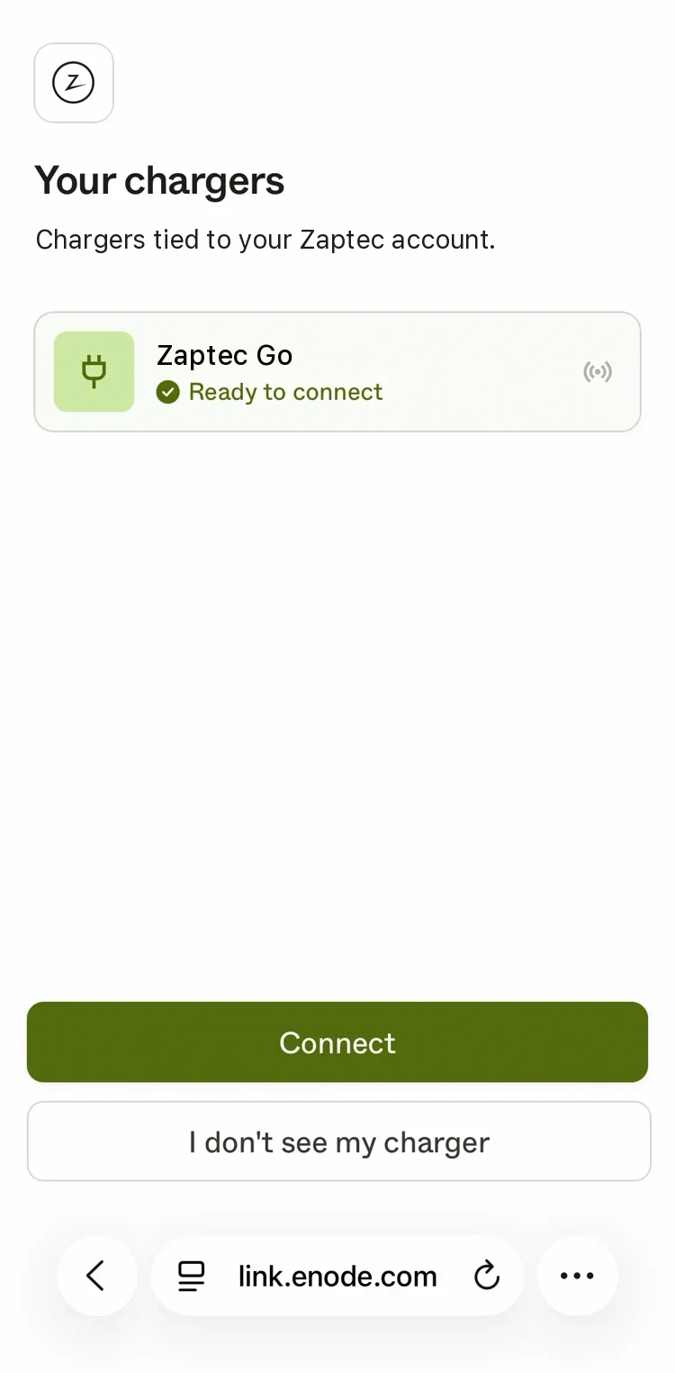 Enode's Your chargers screen: chargers tied to your Zaptec account, one ready to connect, with Connect and I don't see my charger