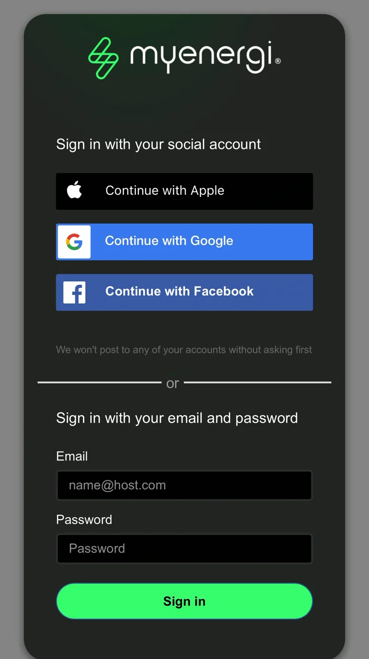 myenergi's sign-in page: continue with Apple, Google or Facebook, or sign in with your email and password