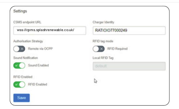 Ratio io7 portal CSMS settings: Authorisation Strategy set to Remote via OCPP and the Splash URL wss://cpms.splashrenewable.co.uk/ in the CSMS endpoint URL field