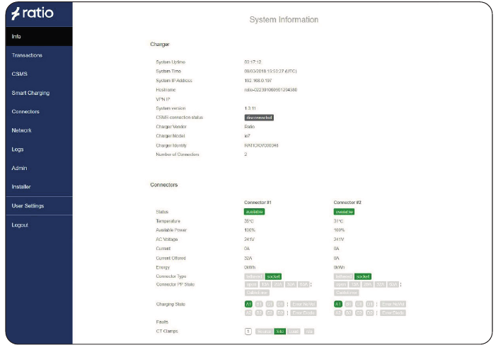 Ratio io7 portal, the System Information page with the CSMS section in the left menu