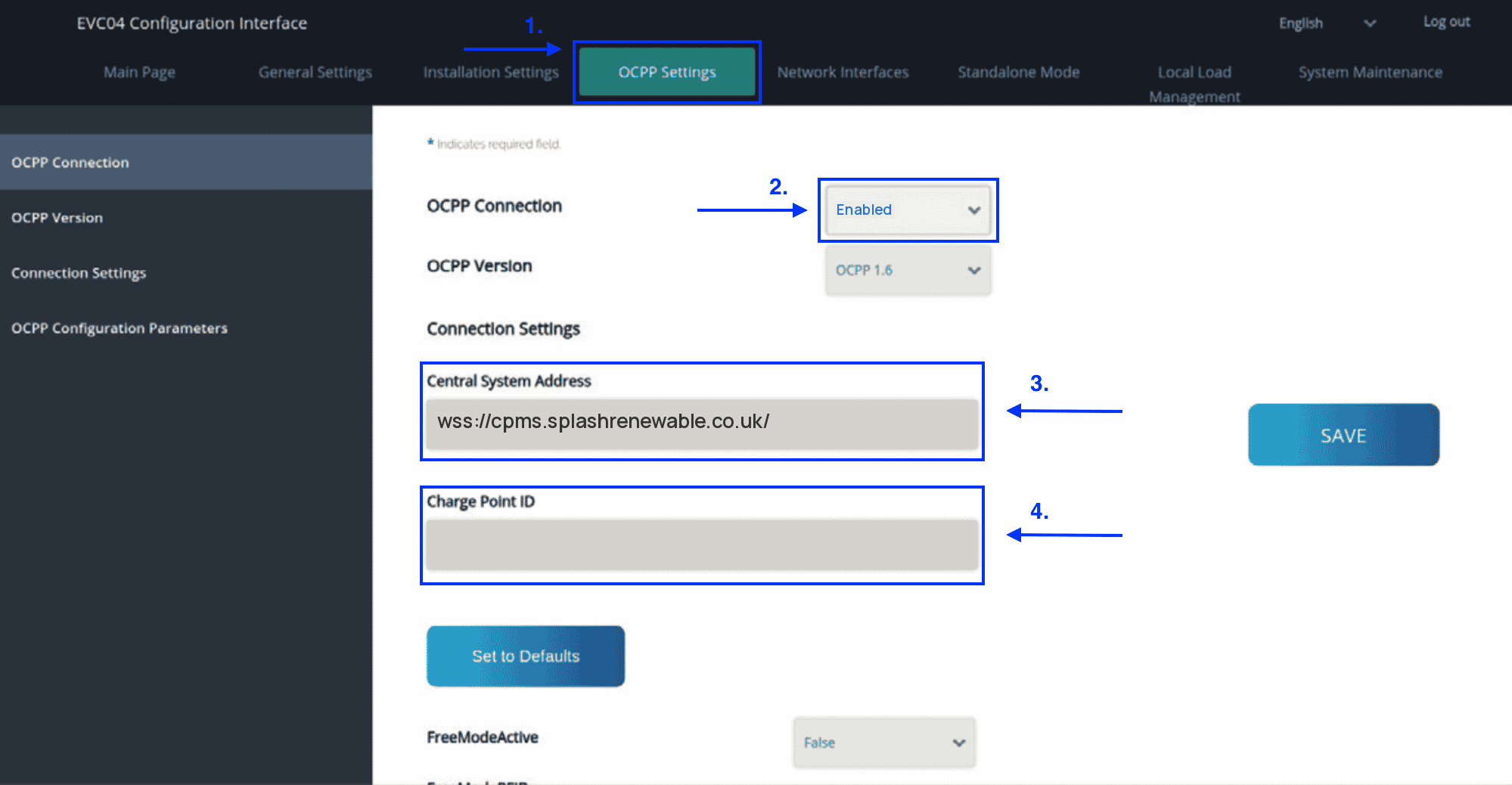 Vestel EVC04 OCPP Settings: OCPP Connection Enabled and the Splash URL wss://cpms.splashrenewable.co.uk/ in the Central System Address field